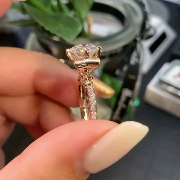 Round Cut Diamond White Art Deco Rose Gold 925 Sterling Silver Engagement Ring