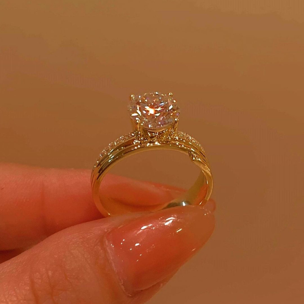 Round Cut Diamond White Yellow Gold 925 Sterling Silver Engagement Ring