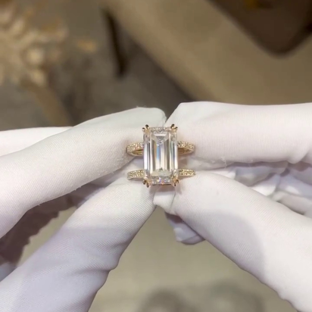 Emerald Cut Diamond White Yellow Gold 925 Sterling Silver Hidden Halo Engagement Ring