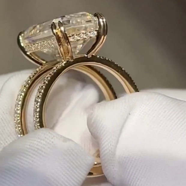 Emerald Cut Diamond White Yellow Gold 925 Sterling Silver Hidden Halo Engagement Ring