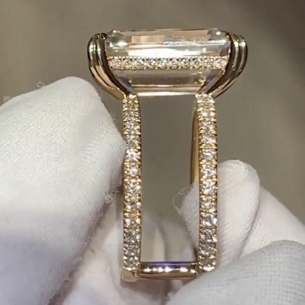 Emerald Cut Diamond White Yellow Gold 925 Sterling Silver Hidden Halo Engagement Ring