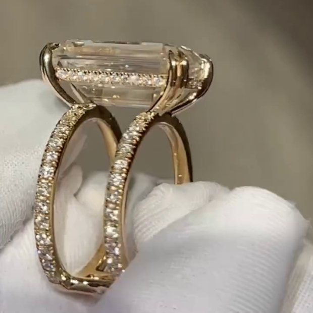 Emerald Cut Diamond White Yellow Gold 925 Sterling Silver Hidden Halo Engagement Ring