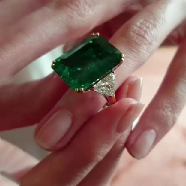 Emerald Cut Emerald Green 3-Stone Yellow Gold Engagement Ring in 925 Sterling Silver