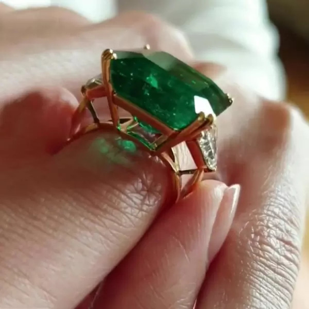 Emerald Cut Emerald Green 3-Stone Yellow Gold Engagement Ring in 925 Sterling Silver