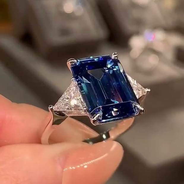 Emerald Cut Sapphire Blue 3-Stone Engagement Ring in 925 Sterling Silver