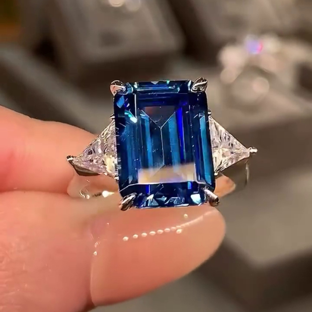 Emerald Cut Sapphire Blue 3-Stone Engagement Ring in 925 Sterling Silver