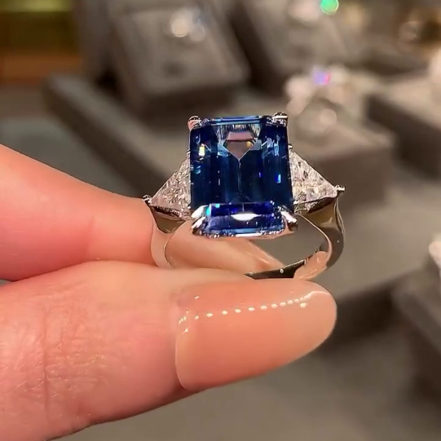 Emerald Cut Sapphire Blue 3-Stone Engagement Ring in 925 Sterling Silver