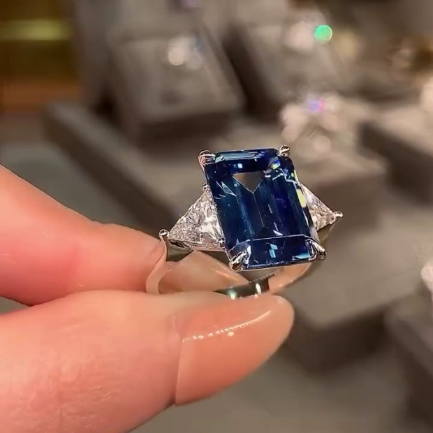 Emerald Cut Sapphire Blue 3-Stone Engagement Ring in 925 Sterling Silver