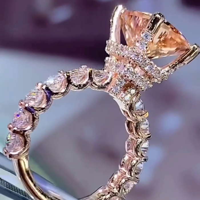 Radiant Cut Champagne Hidden Halo 925 Sterling Silver Rose Gold Engagement Ring