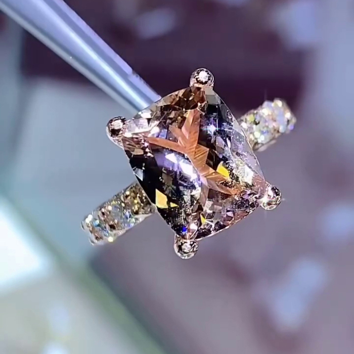 Radiant Cut Champagne Hidden Halo 925 Sterling Silver Rose Gold Engagement Ring