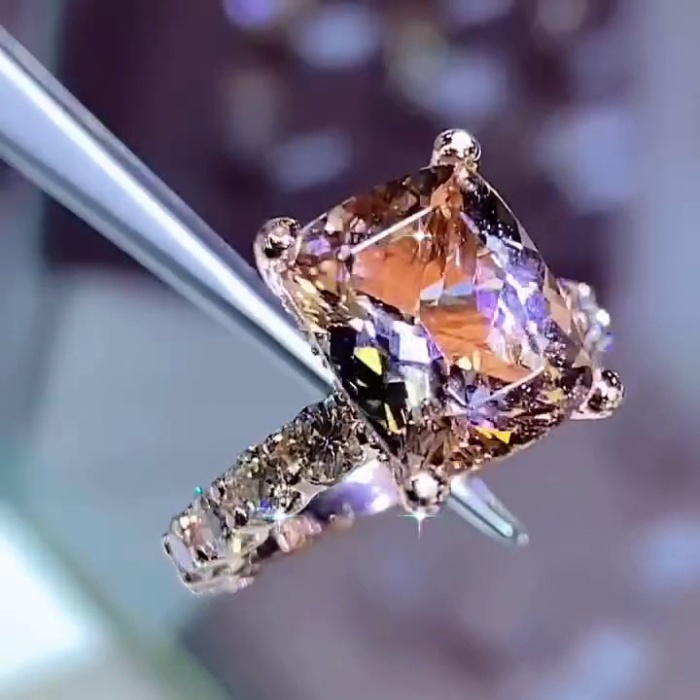 Radiant Cut Champagne Hidden Halo 925 Sterling Silver Rose Gold Engagement Ring