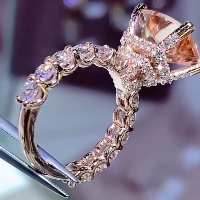 Radiant Cut Champagne Hidden Halo 925 Sterling Silver Rose Gold Engagement Ring