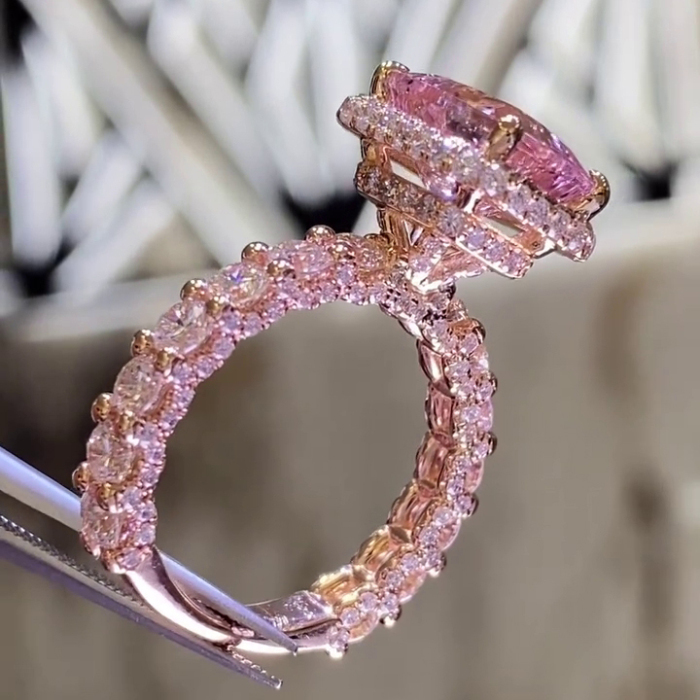 Radiant Cut Fancy Pink Halo 925 Sterling Silver Rose Gold Engagement Ring