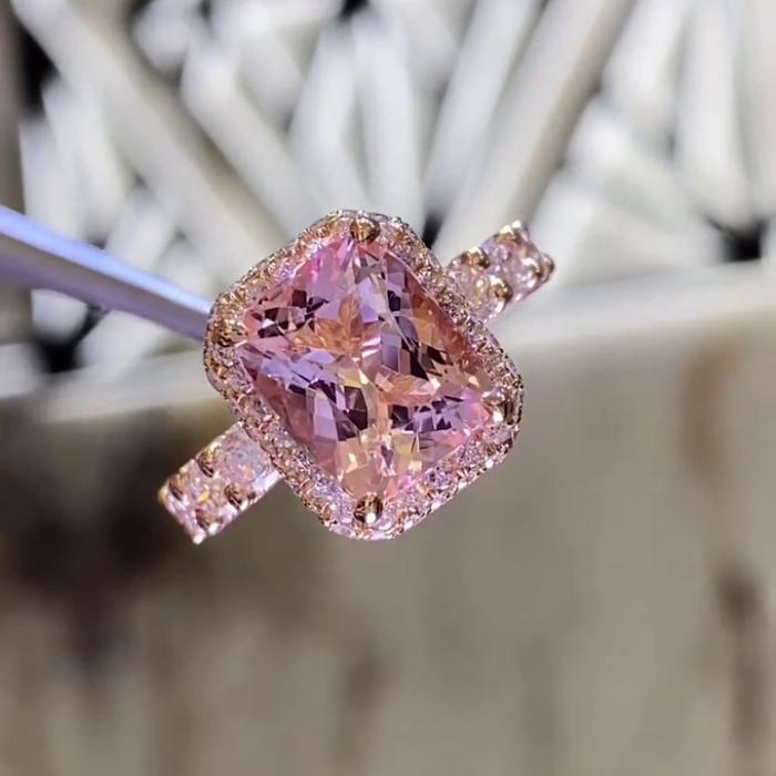Radiant Cut Fancy Pink Halo 925 Sterling Silver Rose Gold Engagement Ring