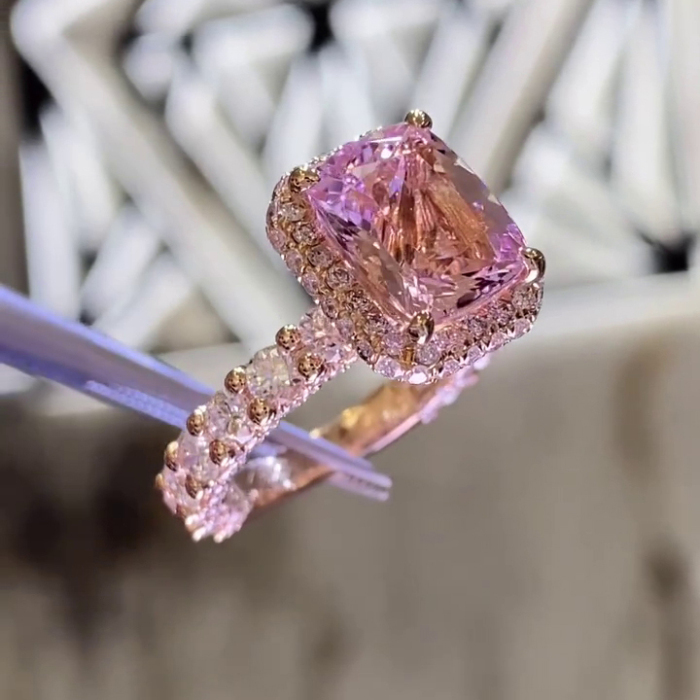 Radiant Cut Fancy Pink Halo 925 Sterling Silver Rose Gold Engagement Ring