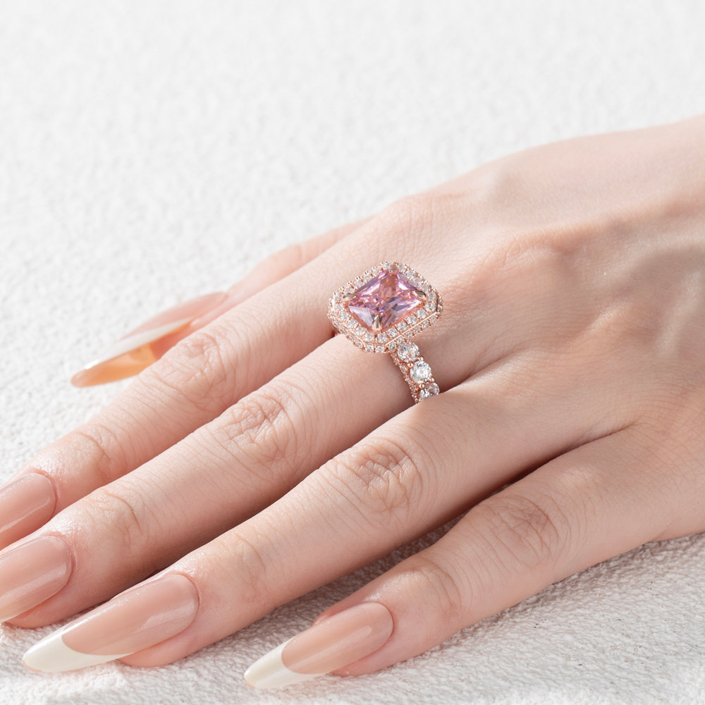 Radiant Cut Fancy Pink Halo 925 Sterling Silver Rose Gold Engagement Ring