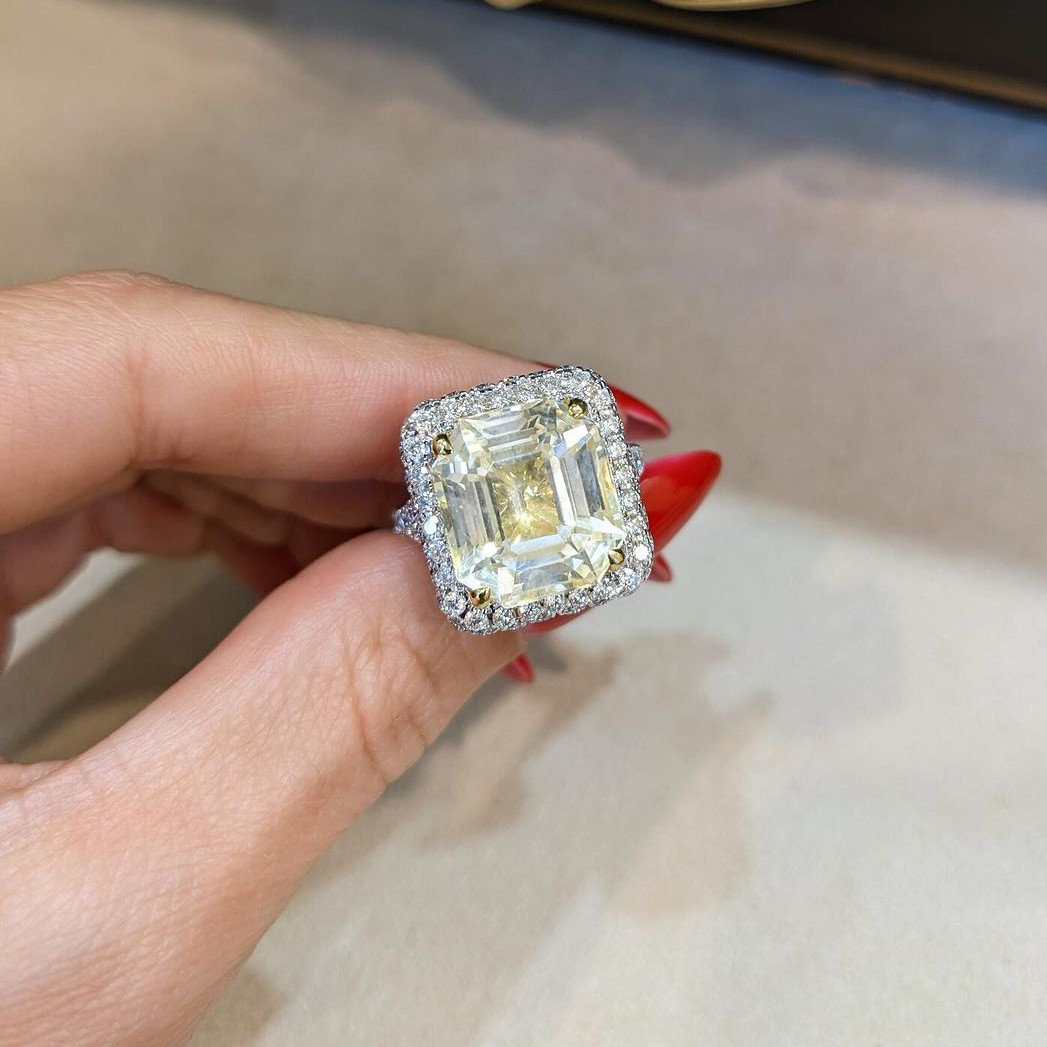 Asscher Cut Citrine Yellow Halo 925 Sterling Silver Engagement Ring