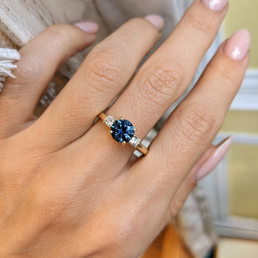 Round Cut Sapphire Blue 3-Stone 925 Sterling Silver Yellow Gold Engagement Ring