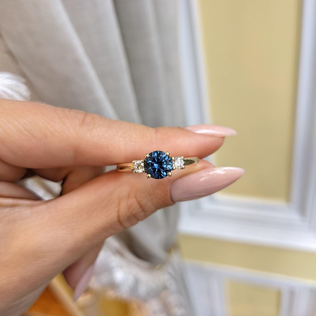Round Cut Sapphire Blue 3-Stone 925 Sterling Silver Yellow Gold Engagement Ring