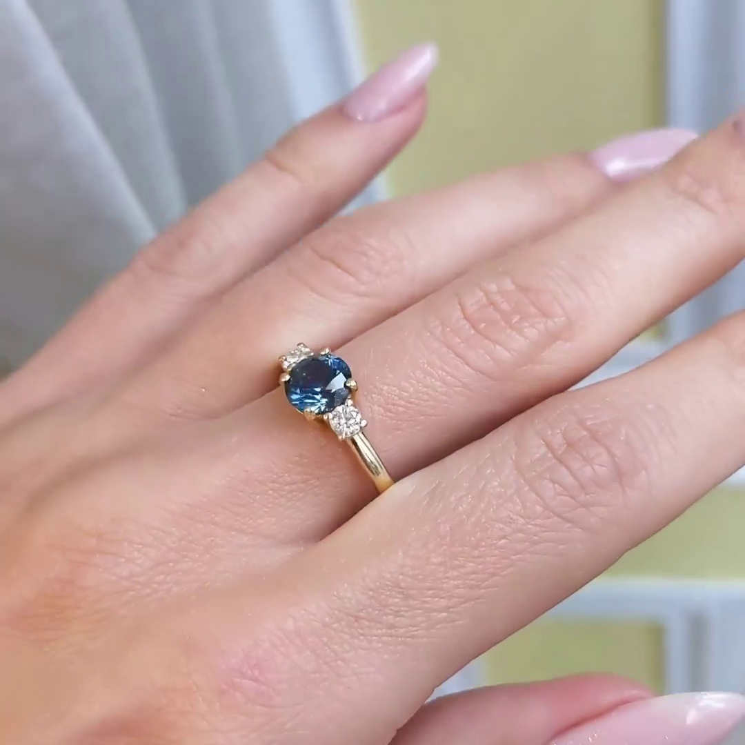 Round Cut Sapphire Blue 3-Stone 925 Sterling Silver Yellow Gold Engagement Ring