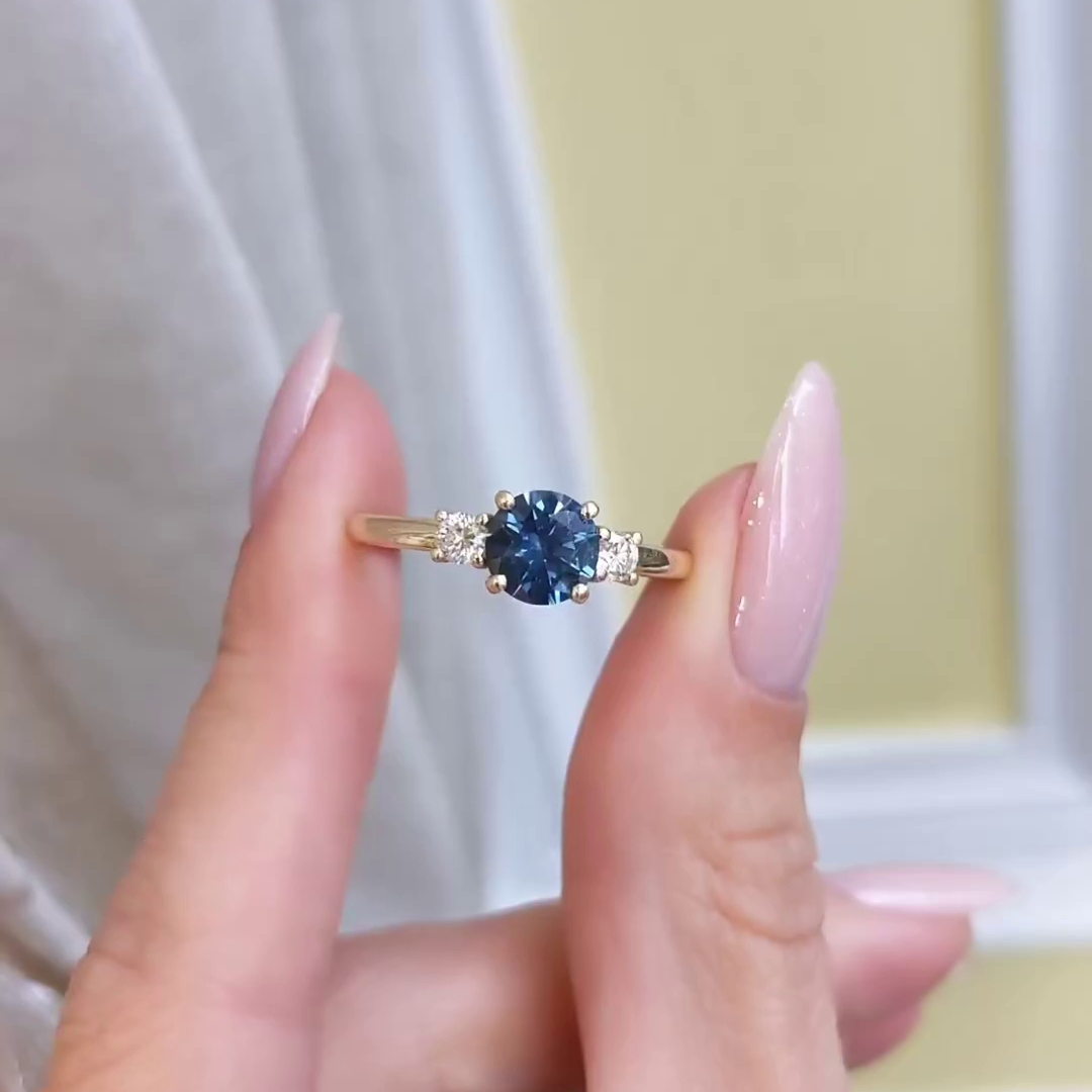 Round Cut Sapphire Blue 3-Stone 925 Sterling Silver Yellow Gold Engagement Ring