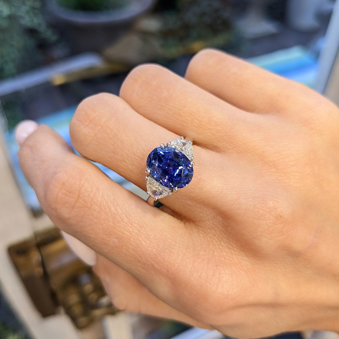 Oval Cut Sapphire Blue 3-Stone 925 Sterling Silver Engagement Ring