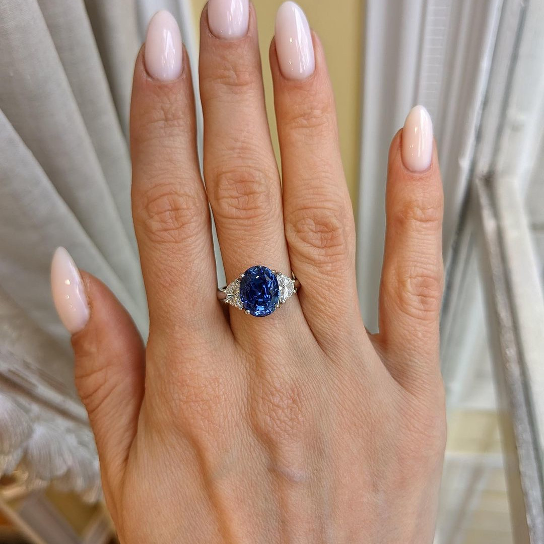 Oval Cut Sapphire Blue 3-Stone 925 Sterling Silver Engagement Ring