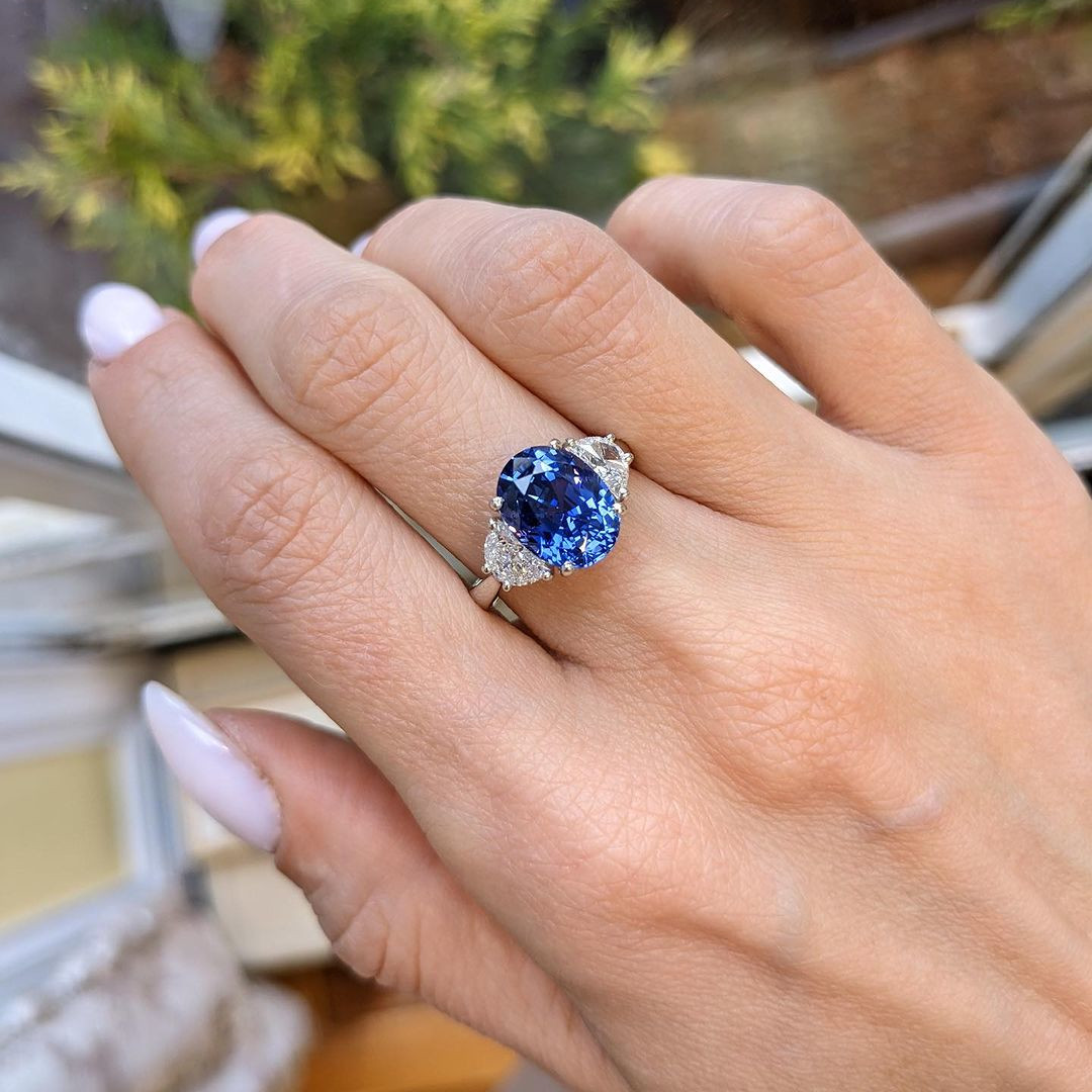 Oval Cut Sapphire Blue 3-Stone 925 Sterling Silver Engagement Ring