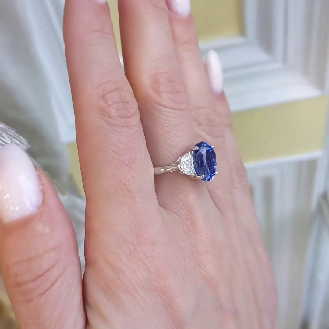 Oval Cut Sapphire Blue 3-Stone 925 Sterling Silver Engagement Ring