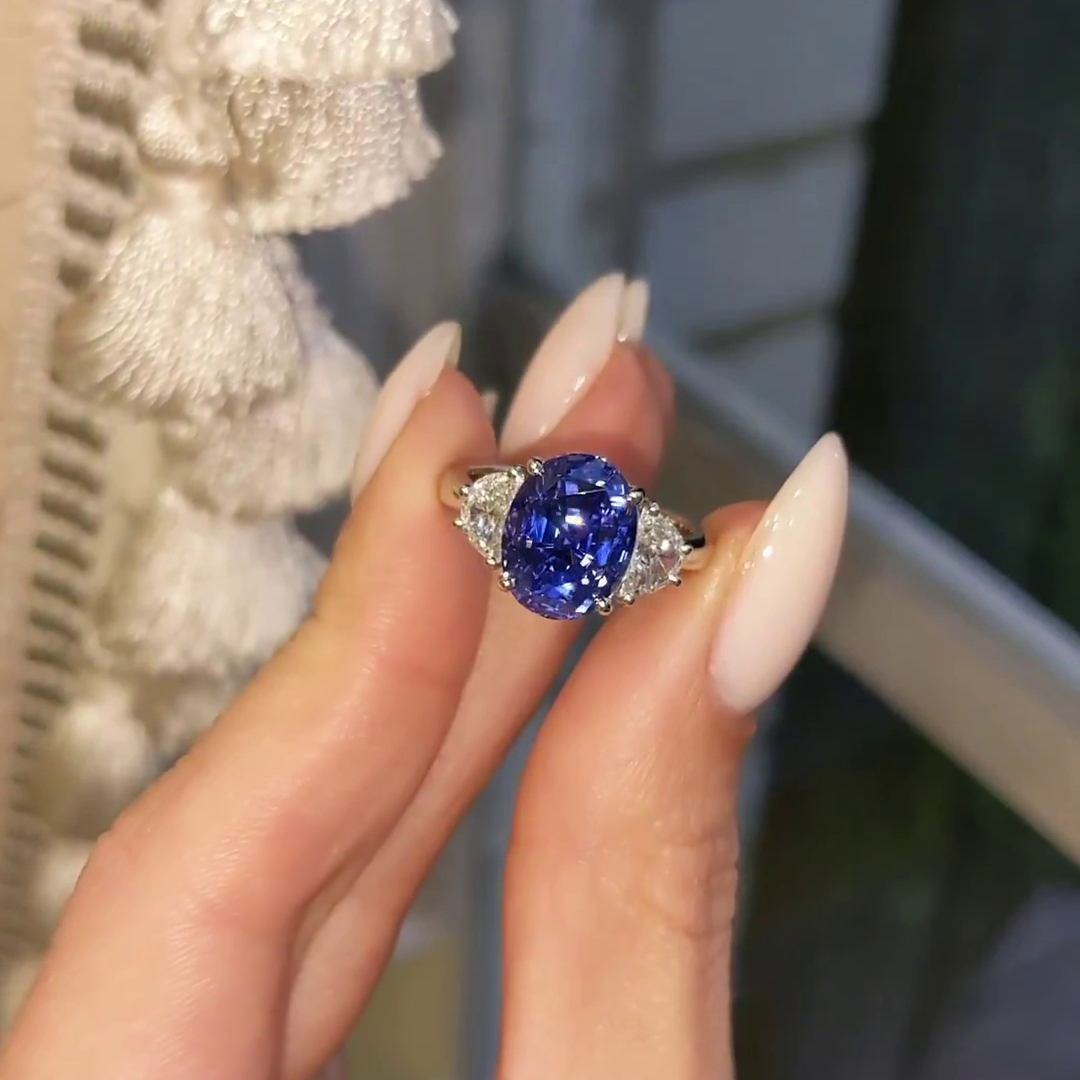 Oval Cut Sapphire Blue 3-Stone 925 Sterling Silver Engagement Ring
