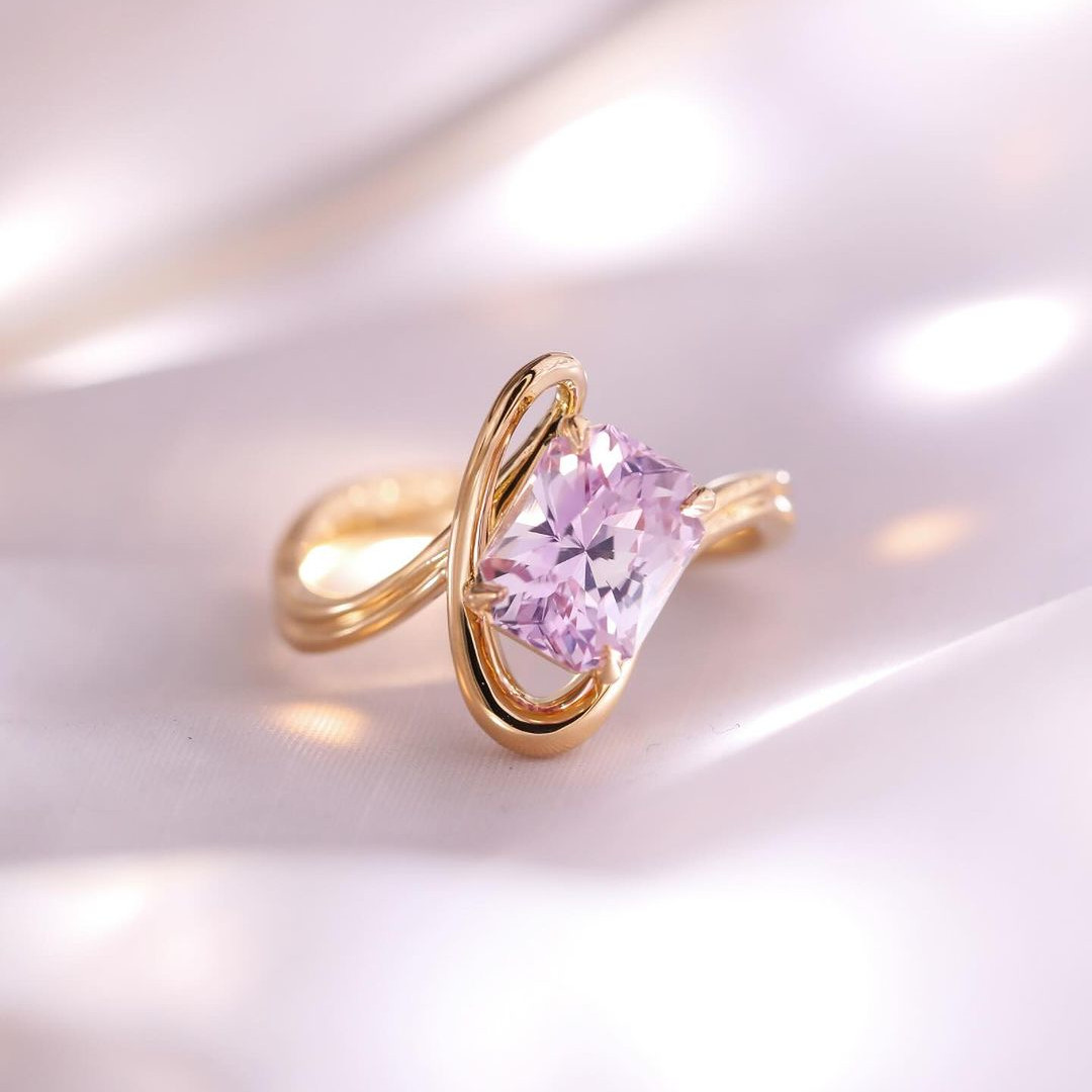 Radiant Cut Fancy Pink Art Deco Solitaire 925 Sterling Silver Yellow Gold Engagement Ring