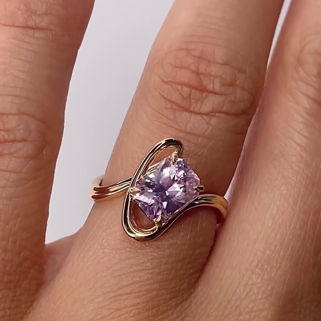 Radiant Cut Fancy Pink Art Deco Solitaire 925 Sterling Silver Yellow Gold Engagement Ring