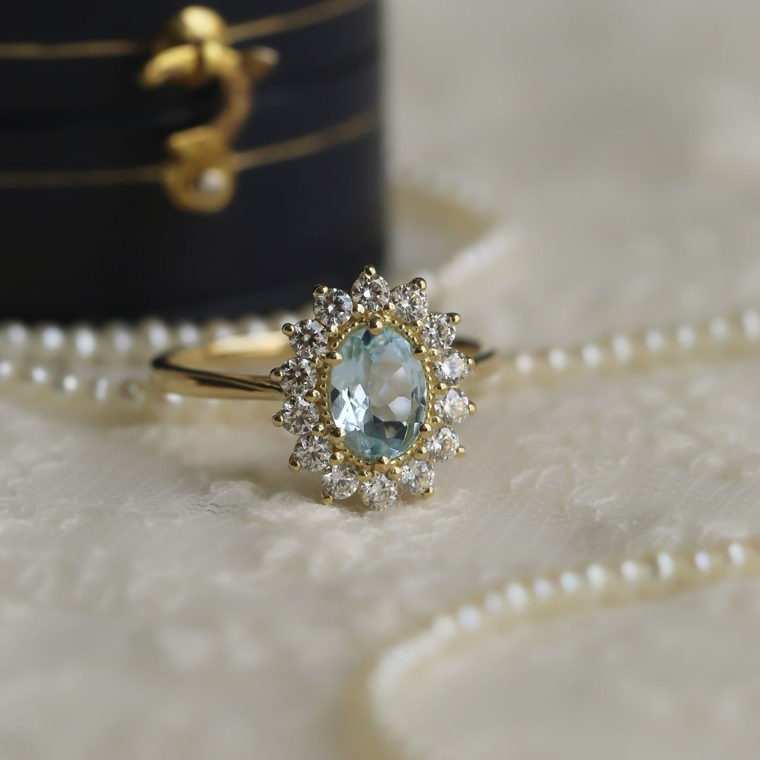 Oval Cut Aquamarine Blue 925 Sterling Silver Yellow Gold Halo Engagement Ring