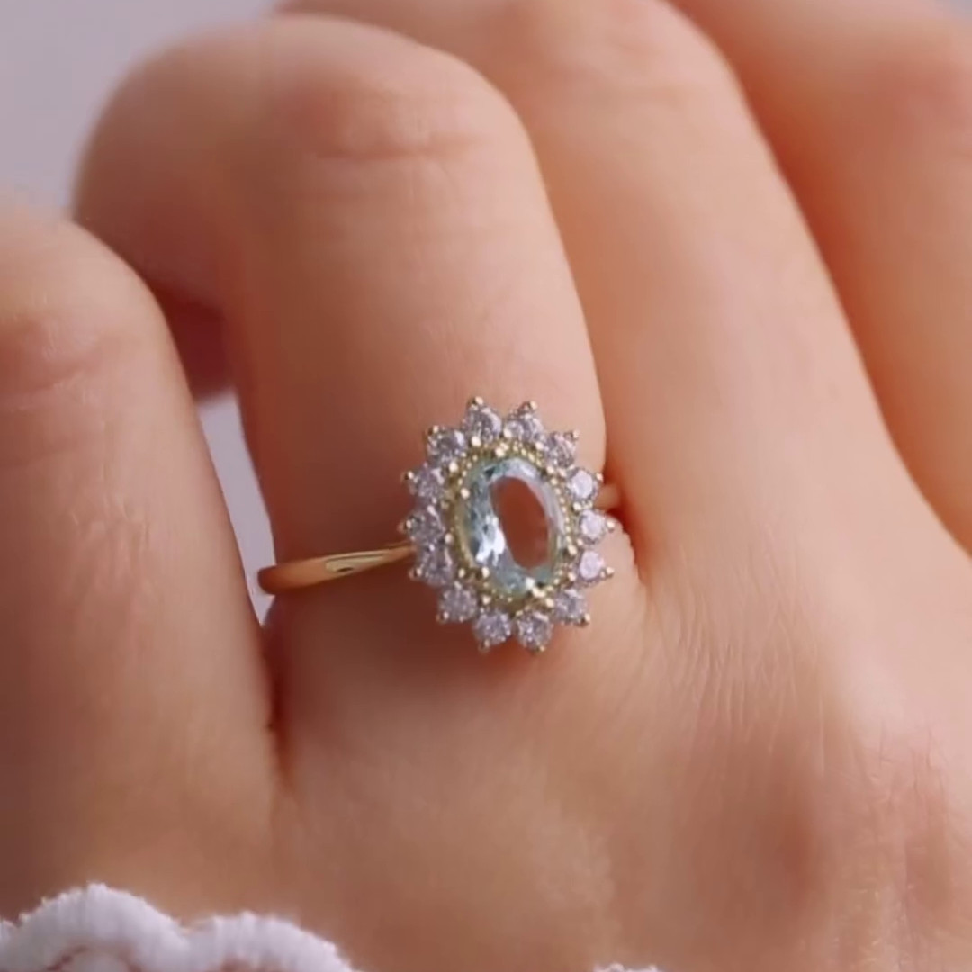 Oval Cut Aquamarine Blue 925 Sterling Silver Yellow Gold Halo Engagement Ring