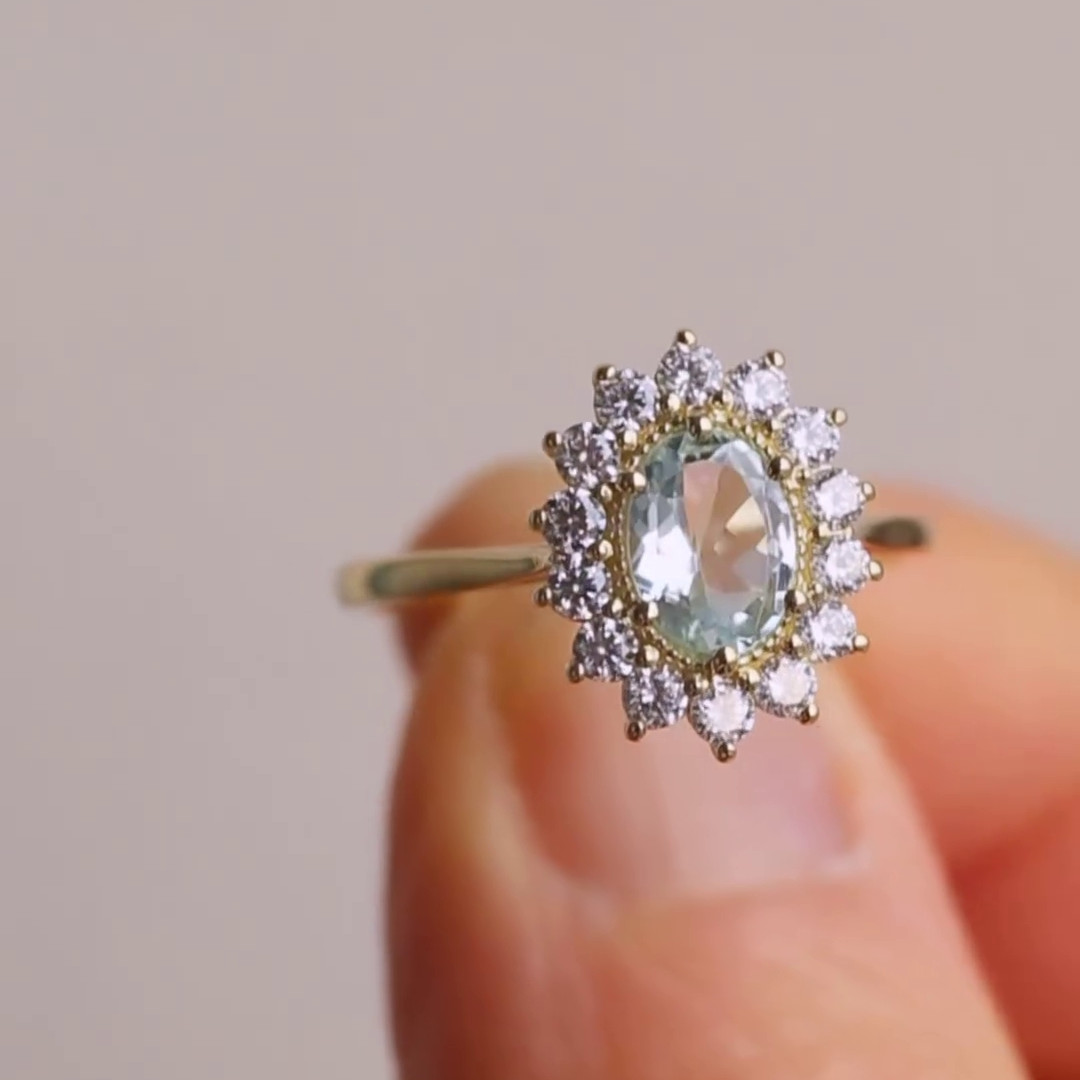 Oval Cut Aquamarine Blue 925 Sterling Silver Yellow Gold Halo Engagement Ring