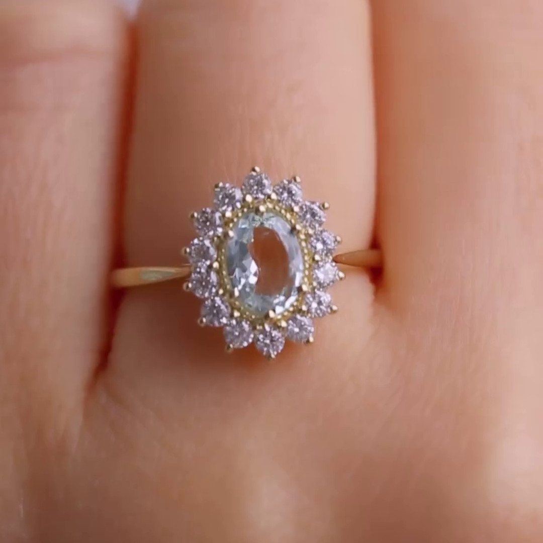 Oval Cut Aquamarine Blue 925 Sterling Silver Yellow Gold Halo Engagement Ring