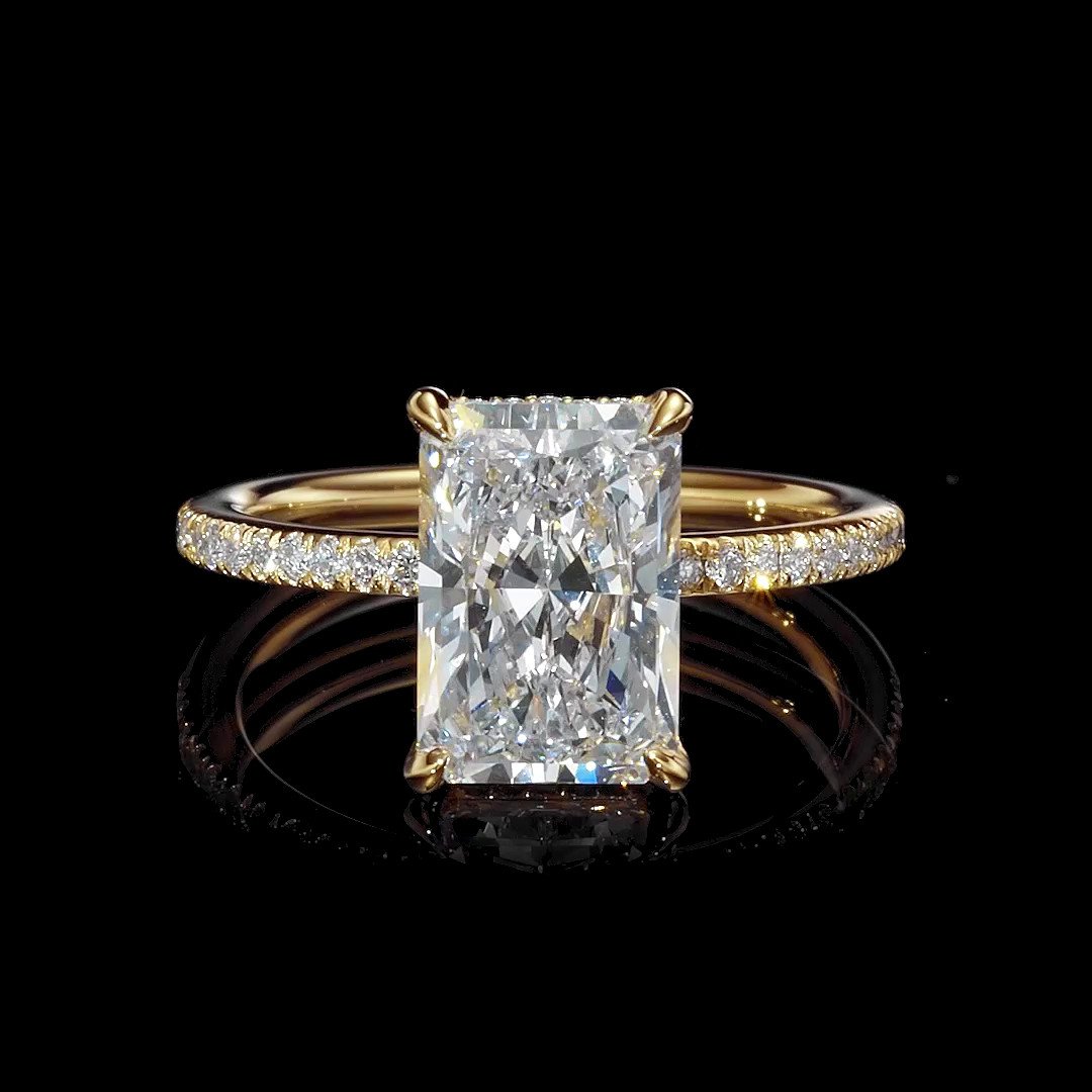 Radiant Cut Diamond White 925 Sterling Silver Yellow Gold Hidden Halo Engagement Ring