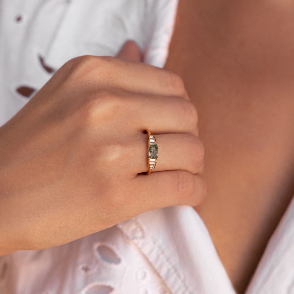 Radiant Cut Peridot Green Agate 925 Sterling Silver Yellow Gold Minimalist Engagement Ring