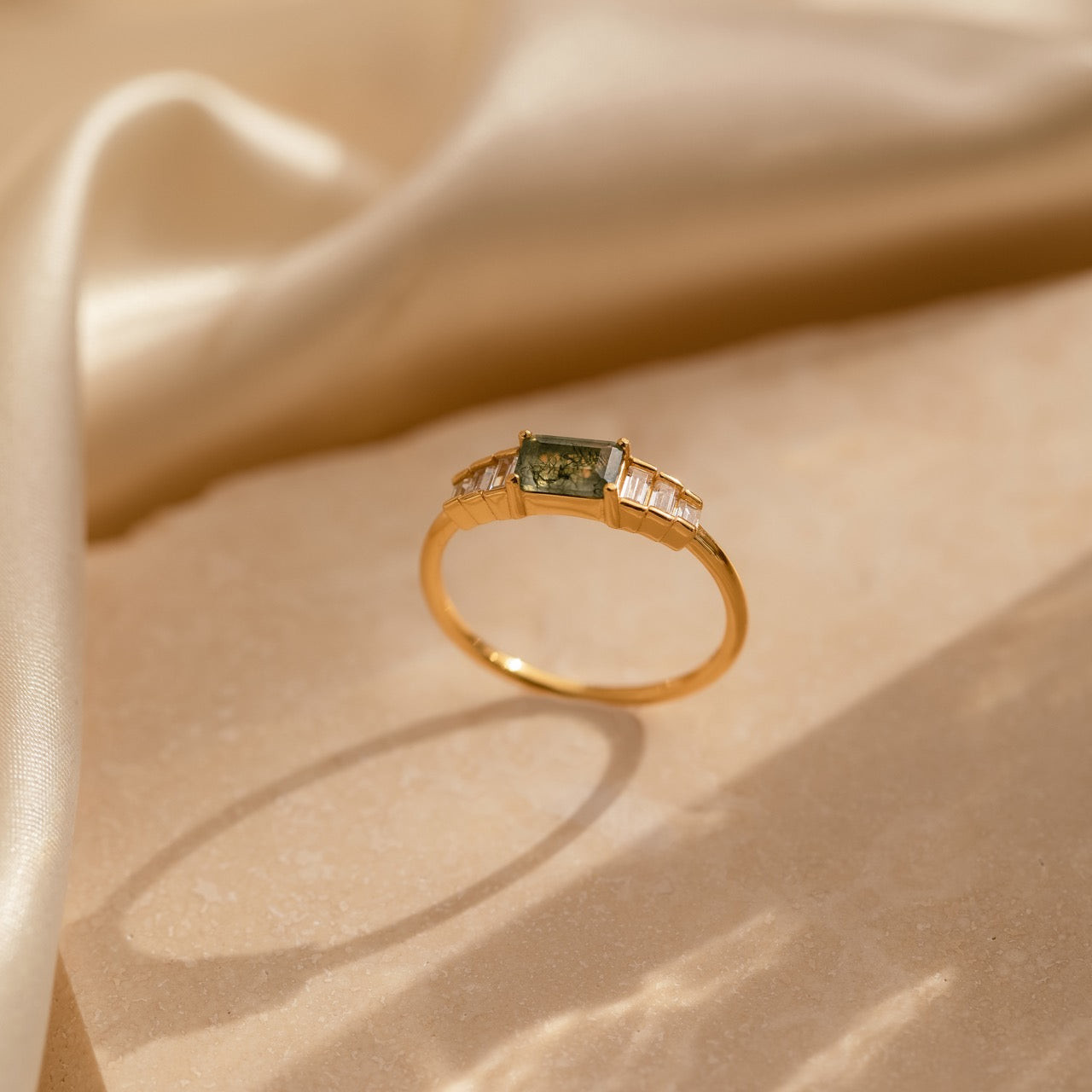 Radiant Cut Peridot Green Agate 925 Sterling Silver Yellow Gold Minimalist Engagement Ring