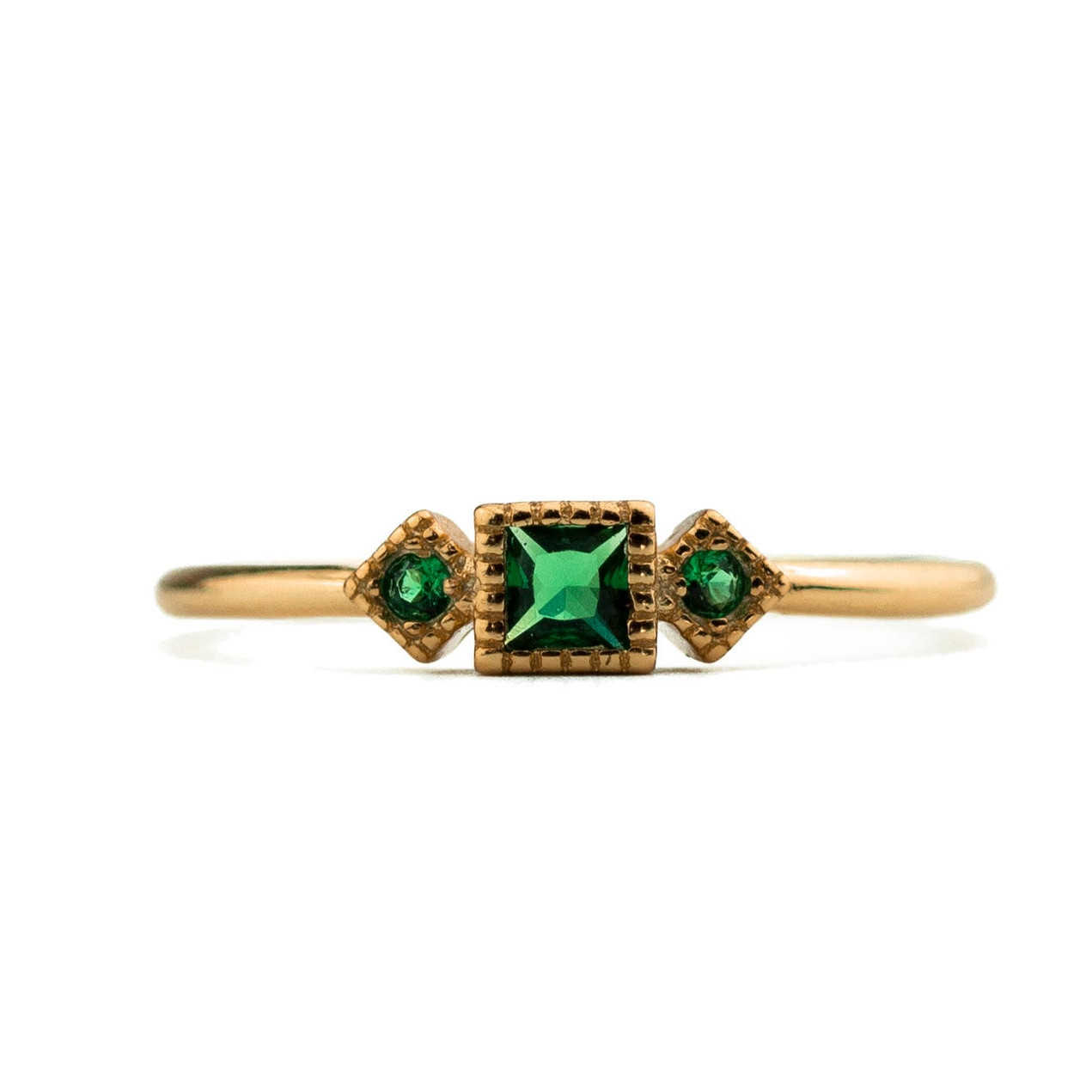 Princess Cut Emerald Green 925 Sterling Silver Yellow Gold 3-Stone Stackable Minimalist Engagement Ring