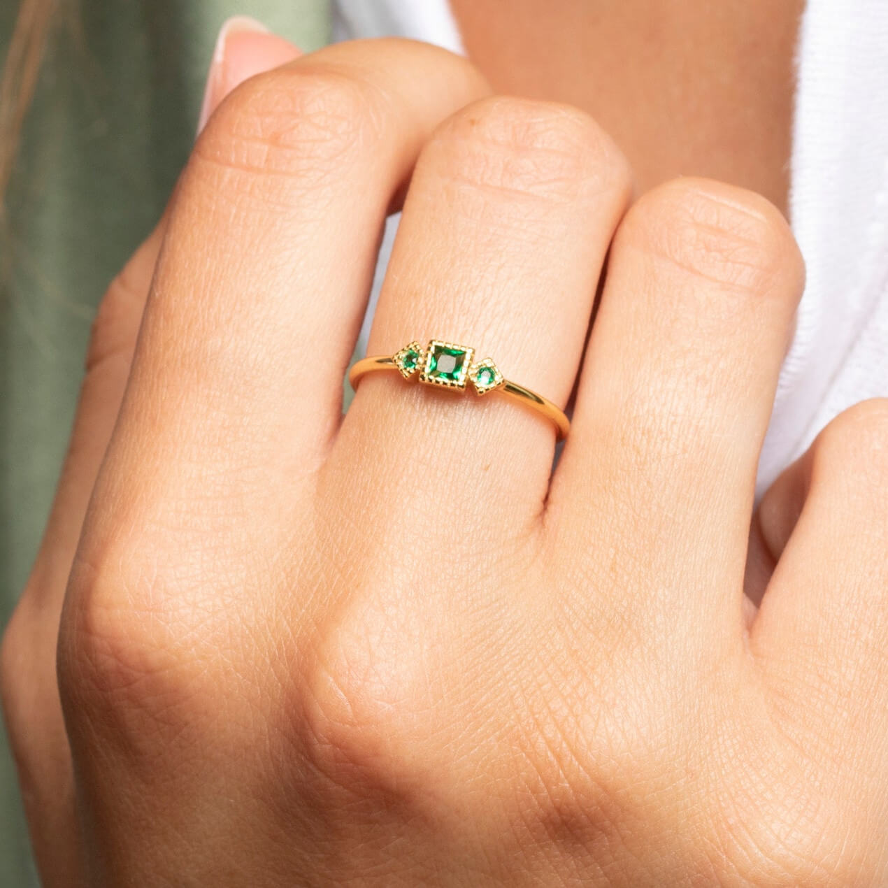 Princess Cut Emerald Green 925 Sterling Silver Yellow Gold 3-Stone Stackable Minimalist Engagement Ring