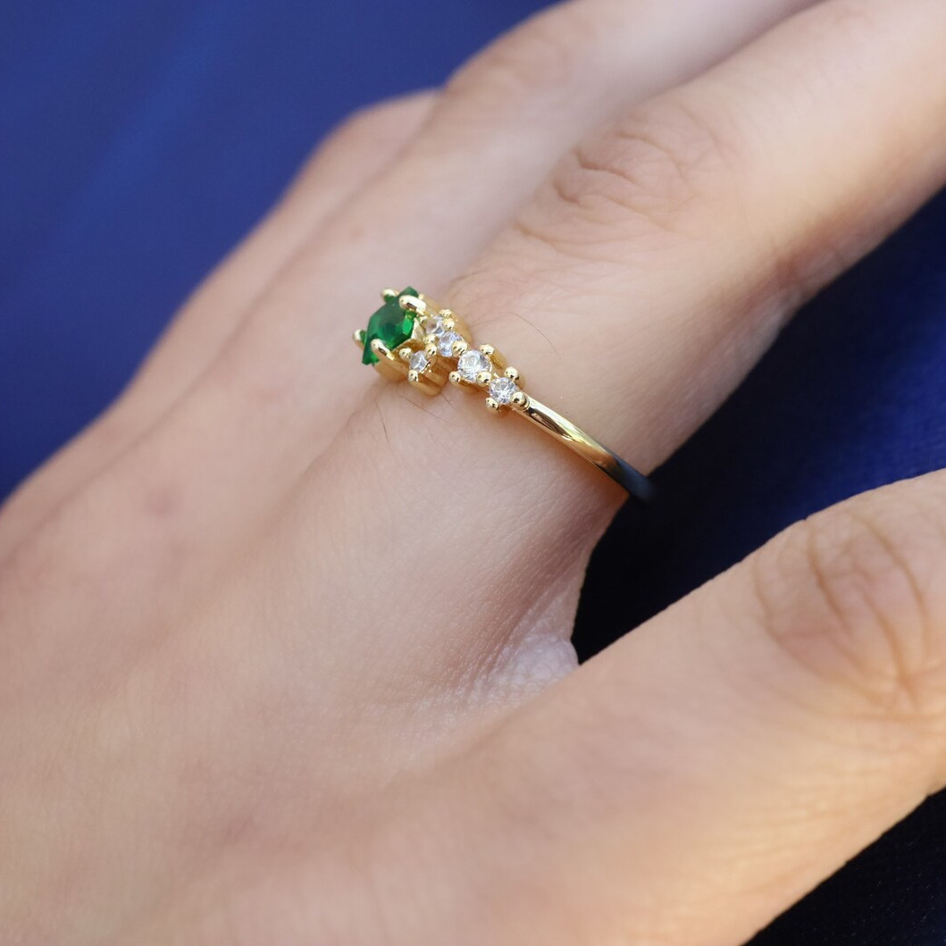 Princess Cut Emerald Green 925 Sterling Silver Yellow Gold Stackable Minimalist Engagement Ring