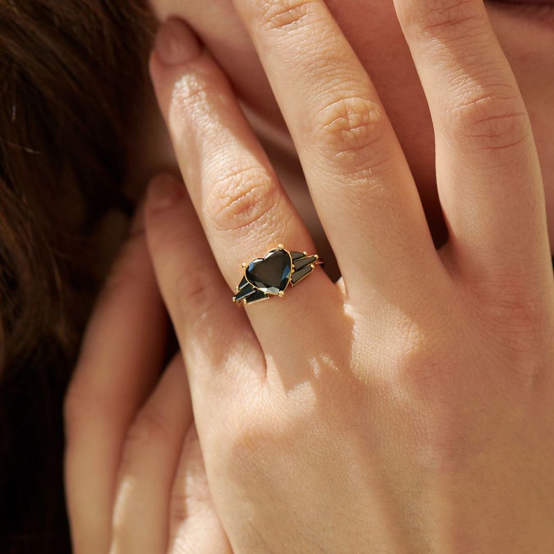 Heart Cut Fancy Black 925 Sterling Silver Yellow Gold Art Deco Engagement Ring