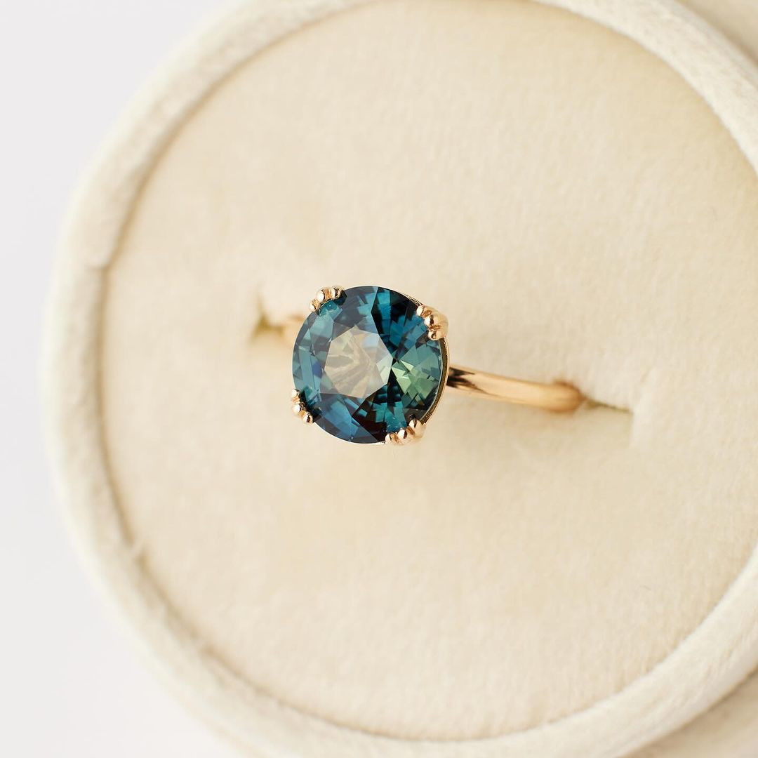 Round Cut Sapphire Blue 925 Sterling Silver Yellow Gold Solitaire Engagement Ring