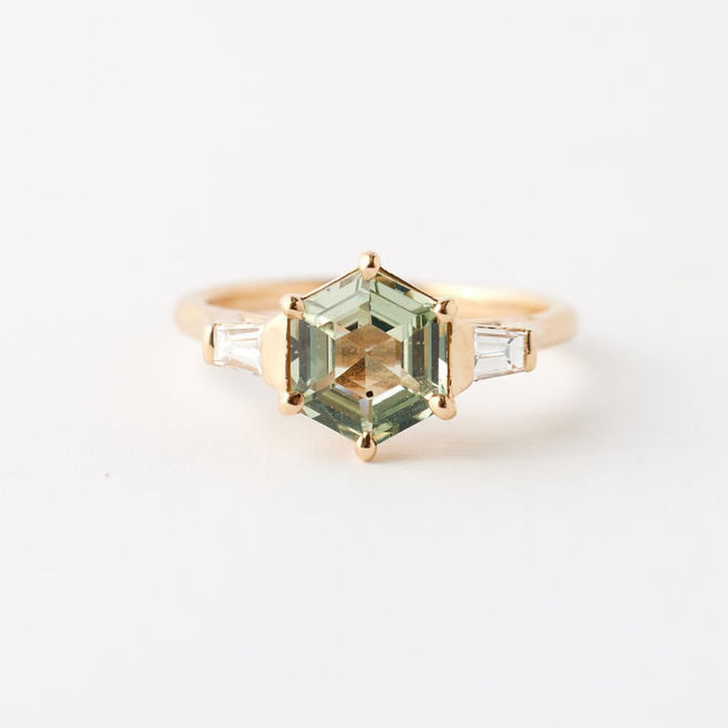 Hexagon Cut Peridot Green 925 Sterling Silver Yellow Gold 3-Stone Engagement Ring