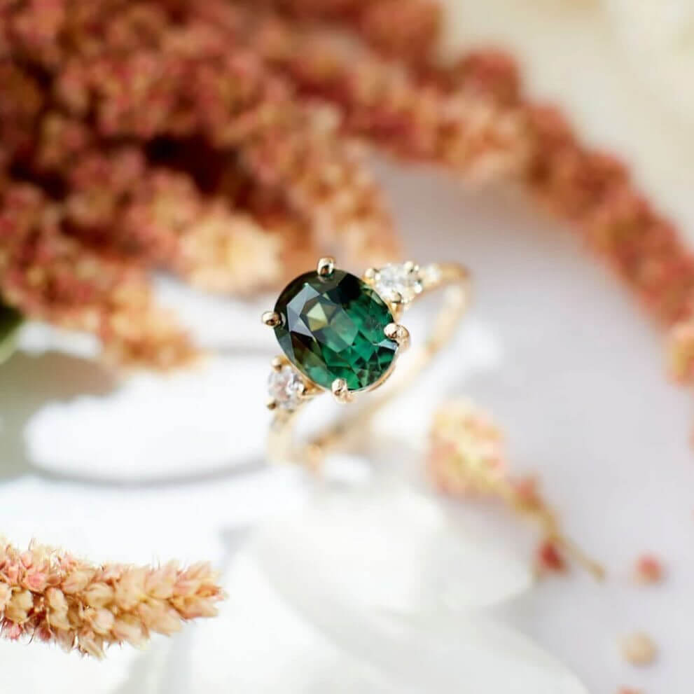 Oval Cut Emerald Green 925 Sterling Silver Yellow Gold 3-Stone Engagement Ring