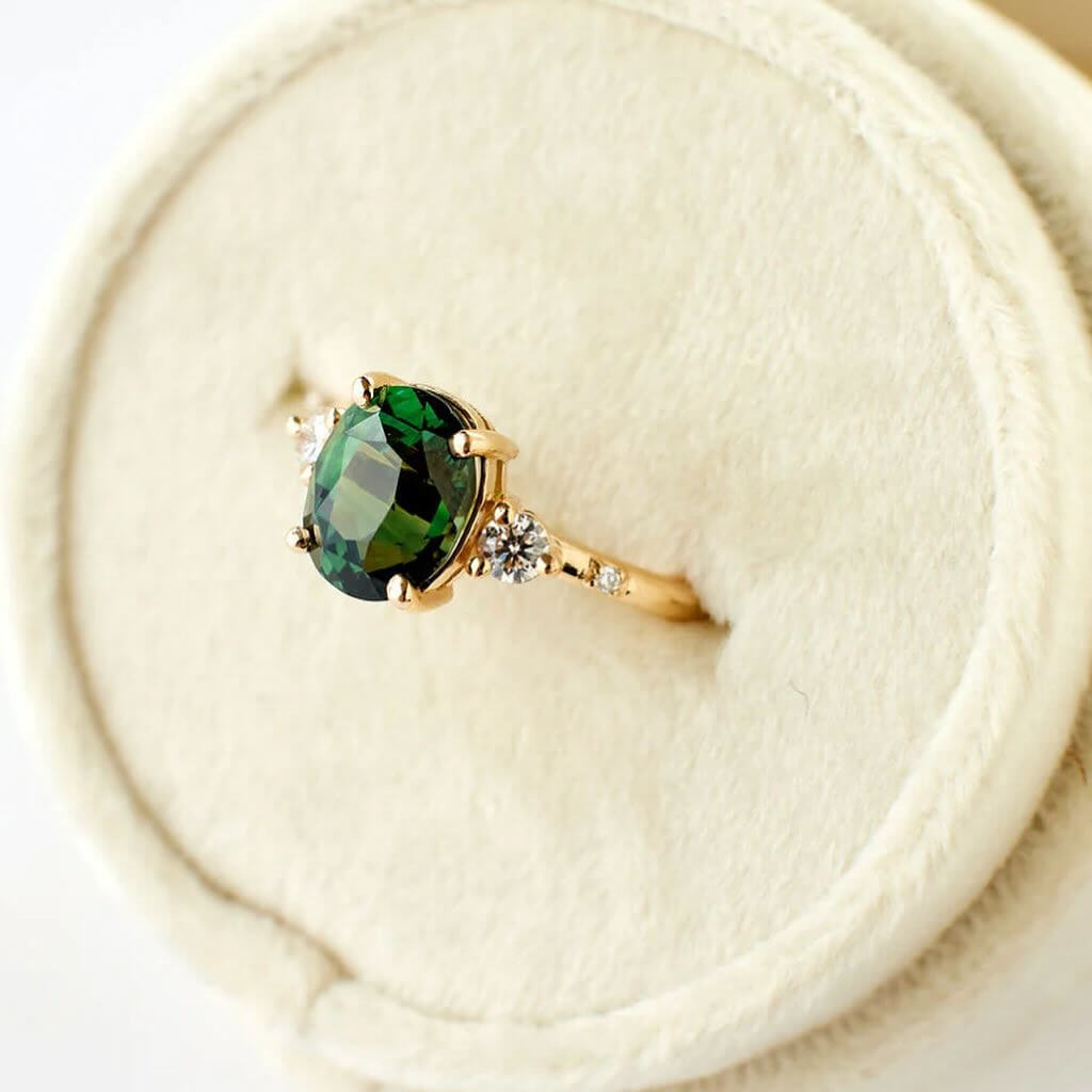 Oval Cut Emerald Green 925 Sterling Silver Yellow Gold 3-Stone Engagement Ring