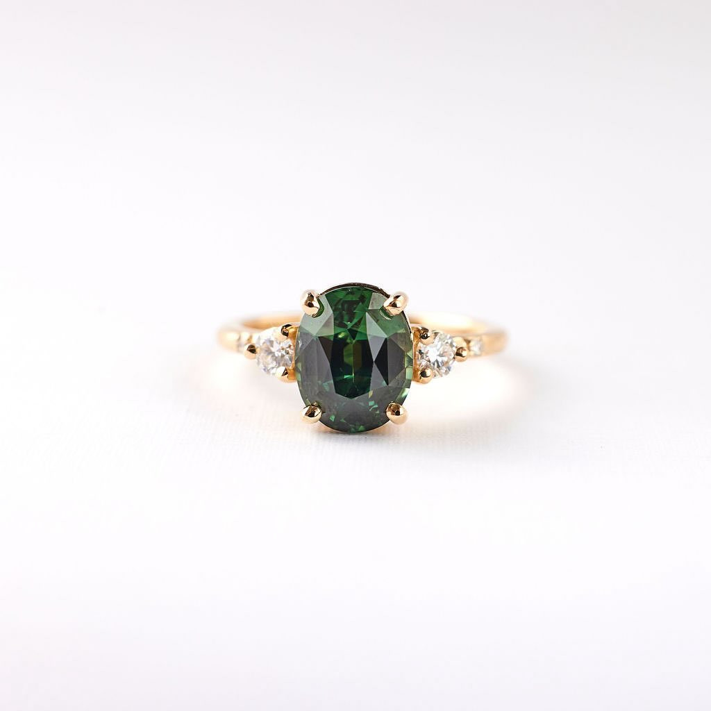 Oval Cut Emerald Green 925 Sterling Silver Yellow Gold 3-Stone Engagement Ring