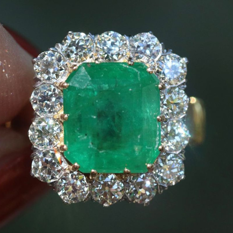 Radiant Cut Emerald Green 925 Sterling Silver Yellow Gold Halo Engagement Ring