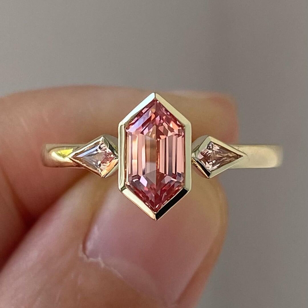 Geometric Cut Fancy Pink 925 Sterling Silver Yellow Gold 3-Stone Engagement Ring